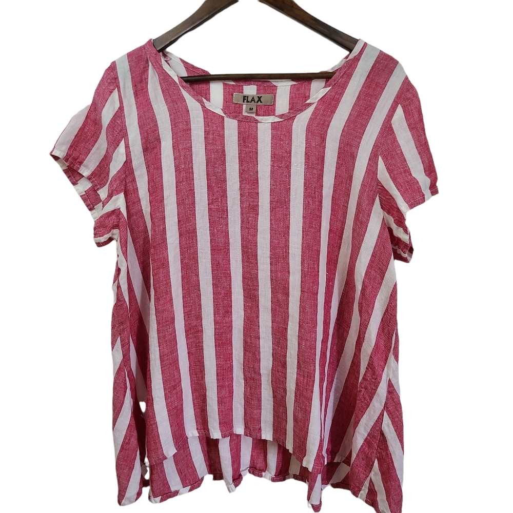 Flax Red/Pink Striped Linen Lagenlook tunic/Top Medium